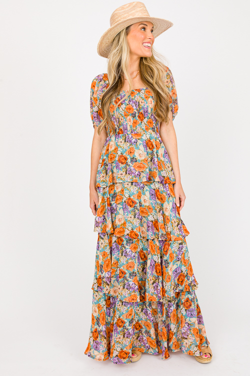 Ruffle Layer Floral Maxi, Slate