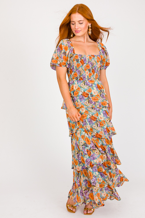 Ruffle Layer Floral Maxi, Slate