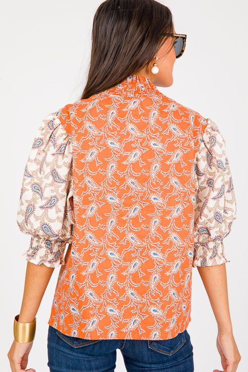 Paisley Contrast Top, Orange