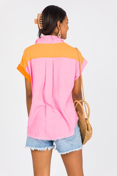 Colorblock Linen Shirt, Orange