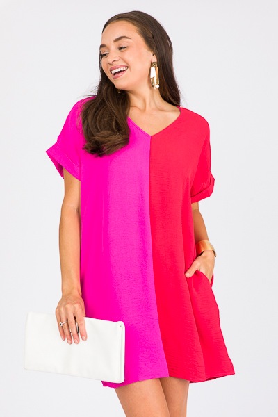 Colorblock V Dress, H.Pink/Red