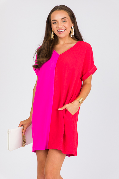 Colorblock V Dress, H.Pink/Red