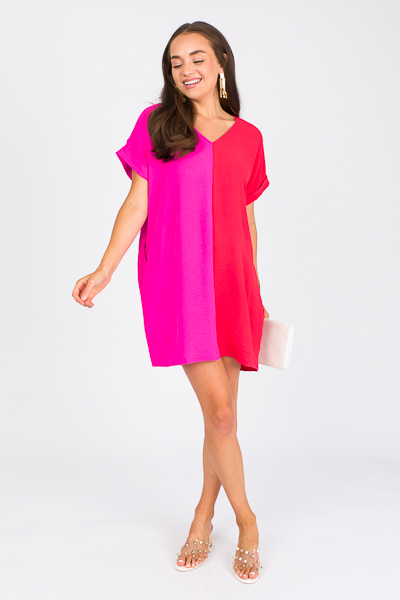 Colorblock V Dress, H.Pink/Red