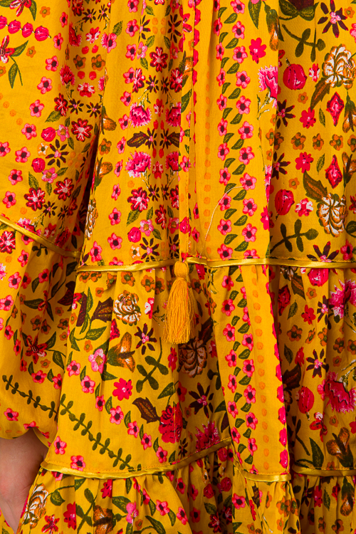 Satin Trim Floral Dress, Yellow