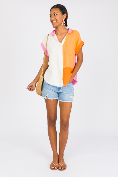 Colorblock Linen Shirt, Orange