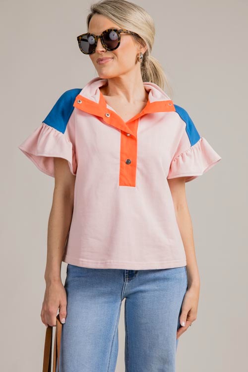 Colorblock Terry Ruffle Top, Pink