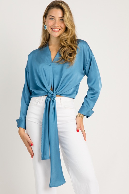 Tie Front Satin Blouse, Blue - 0708-27.jpg
