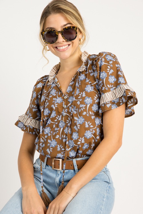 Floral Ruffle Stripe Top, Brown
