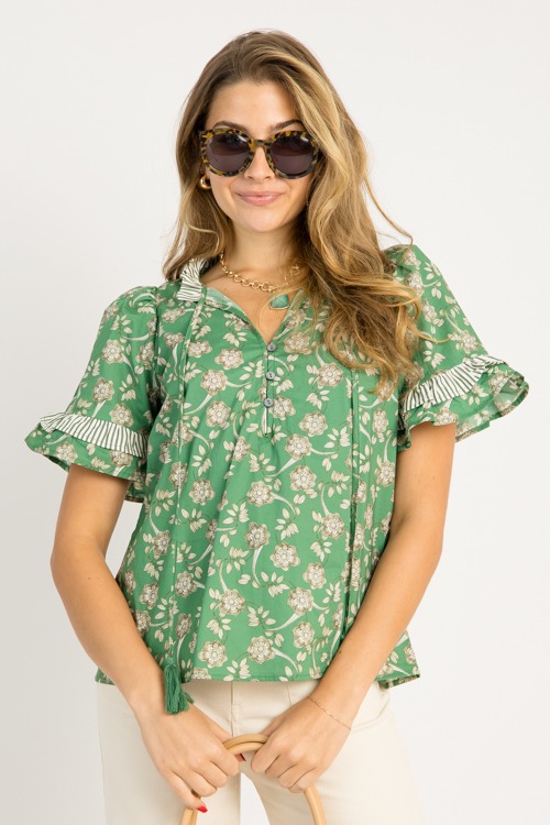 Floral Ruffle Stripe Top, Green