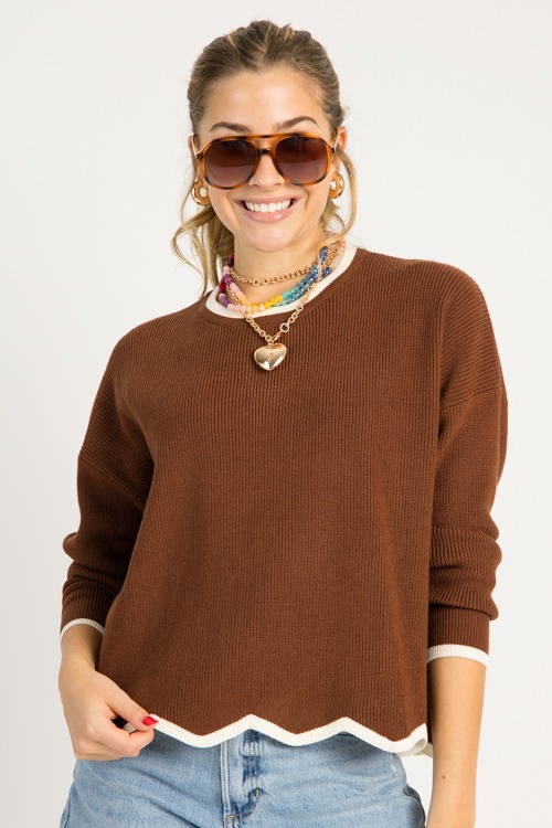 Two-Tone Wavy Hem Sweater, Brown
