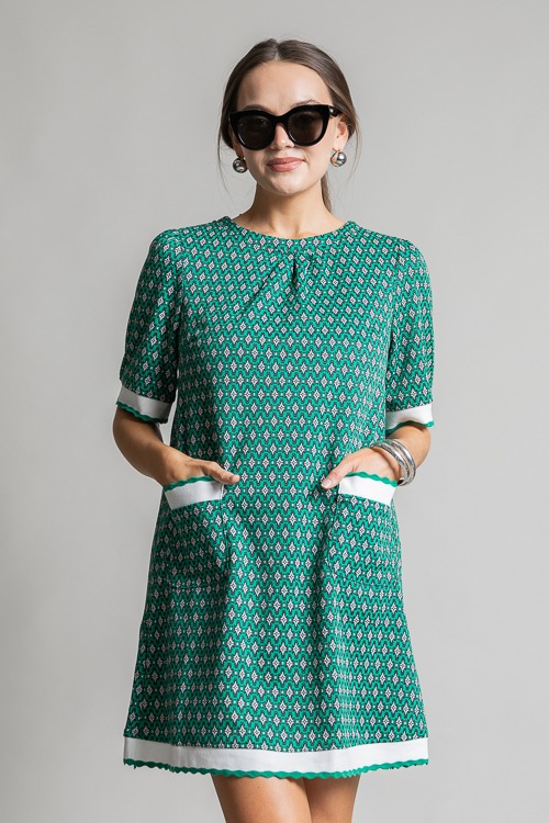 Diamond Wavy Trim Dress, Green