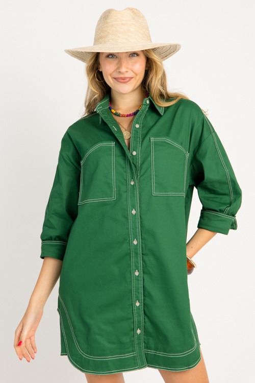 Contrast Stitch Shirt Dress, Green