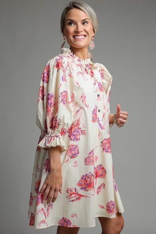 Draw Waist Floral Dress, Cream - 0710-160p.jpg