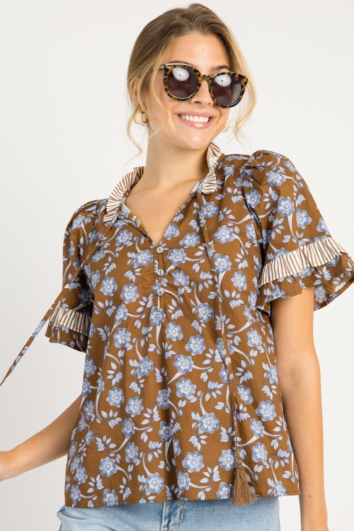 Floral Ruffle Stripe Top, Brown - 0710-88.jpg