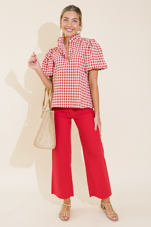 Ruffle Collar Gingham Top, Red