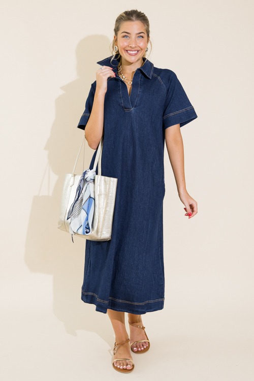 Stretch Denim Collared Midi, Dark