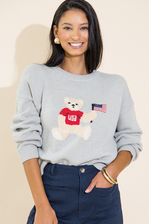 Teddy Bear Flag Sweater, H. Grey