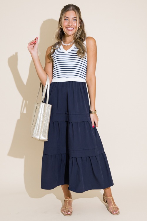 Stripe Bodice Poplin Maxi, Navy