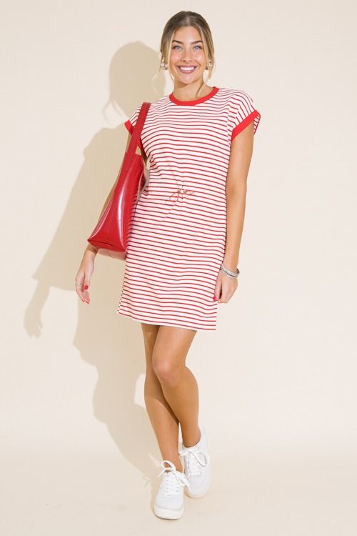 Striped Cinch Waist Dress, Red