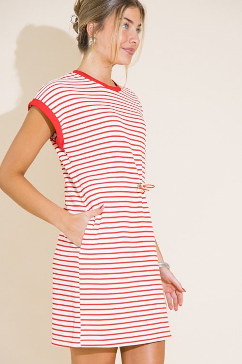 Striped Cinch Waist Dress, Red - 0711-267h.jpg