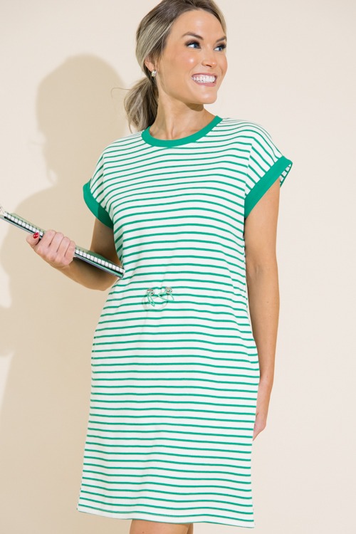 Striped Cinch Waist Dress, Green