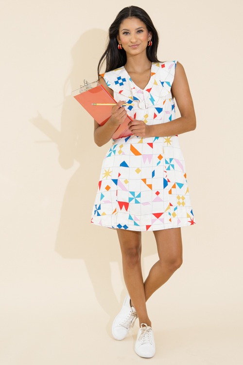 Geo Grid Dress, Cream Multi