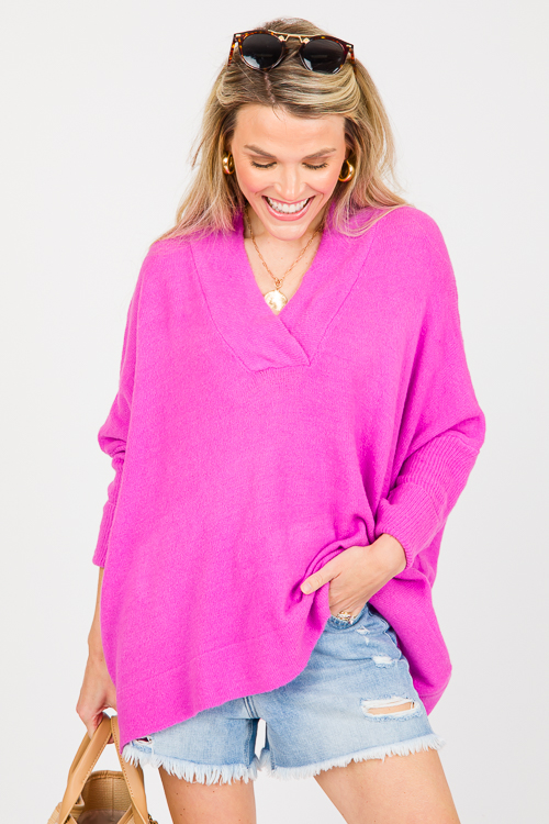 V-Neck Pullover Sweater, Electric Orchid