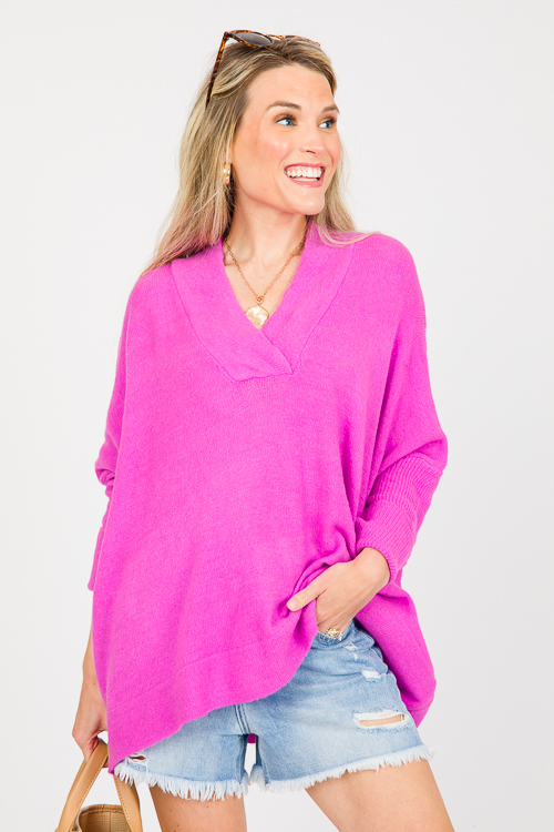 V-Neck Pullover Sweater, Electric Orchid