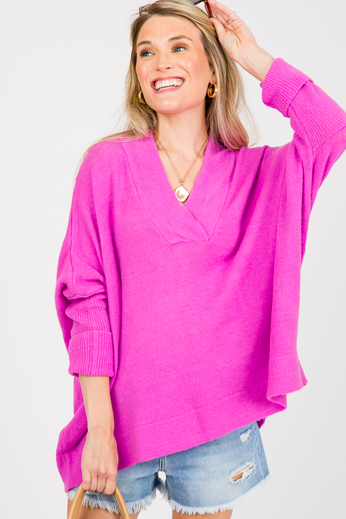 V-Neck Pullover Sweater, Electric Orchid