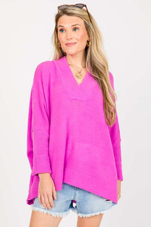 V-Neck Pullover Sweater, Electric Orchid