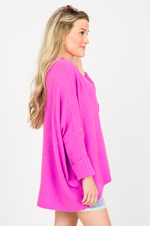 V-Neck Pullover Sweater, Electric Orchid