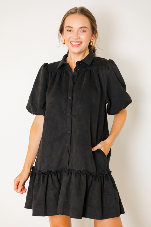 Suede Thinking Shirt Dress, Black