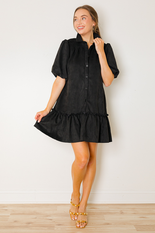 Suede Thinking Shirt Dress, Black