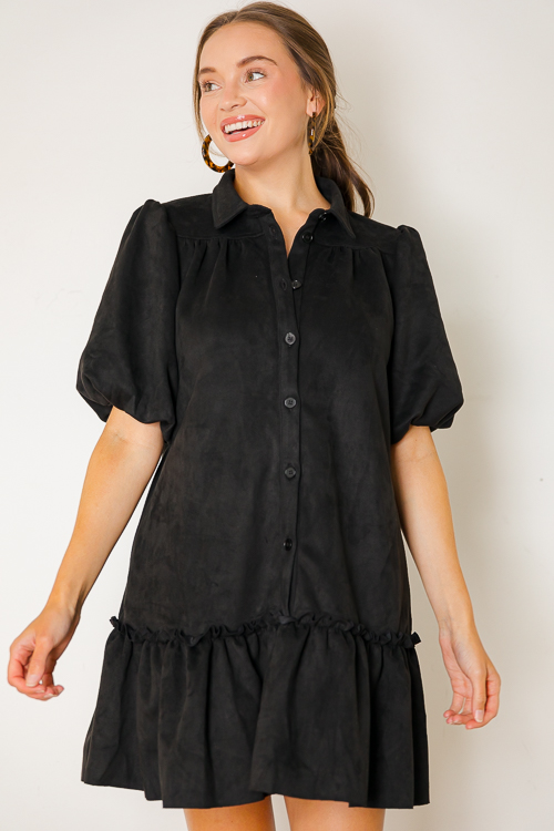Suede Thinking Shirt Dress, Black