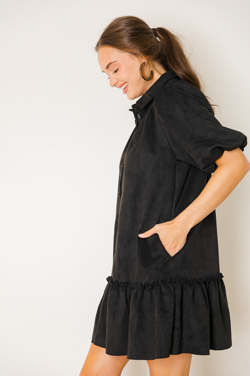 Suede Thinking Shirt Dress, Black