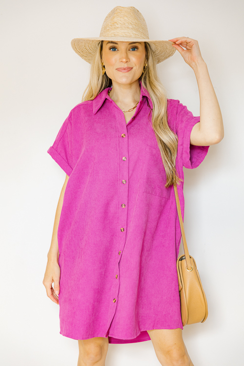 Cuffed Corded Shirt Dress, Orchid