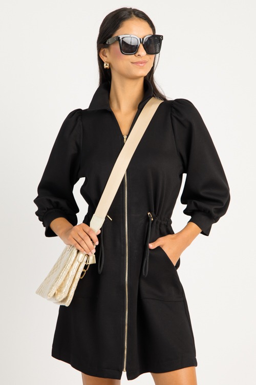 Cinch Waist Zip Dress, Black