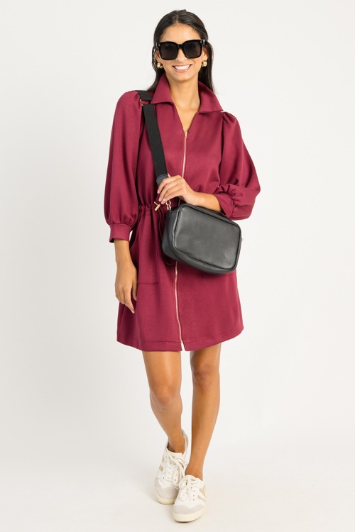 Cinch Waist Zip Dress, Burgundy