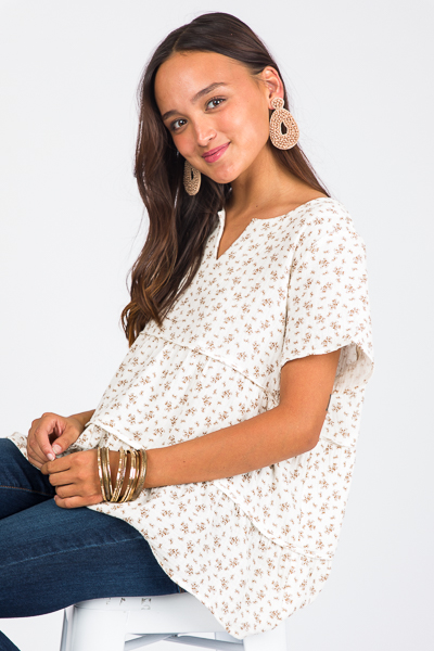 Floral Gauze Tier Top, Ivory