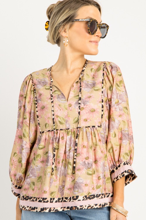 Leopard Trim Floral Blouse, Camel