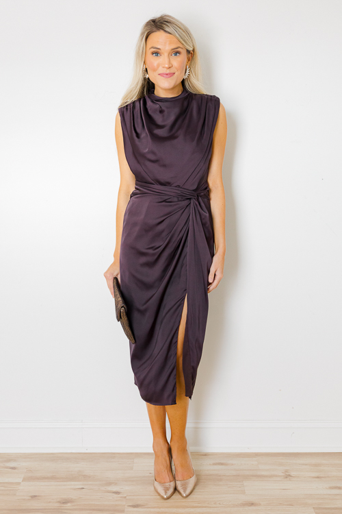 Side Twist Satin Midi, Black Coffee