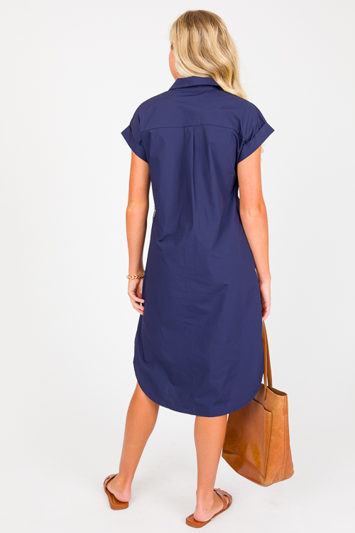Poplin Belted Shirt Dress, Navy