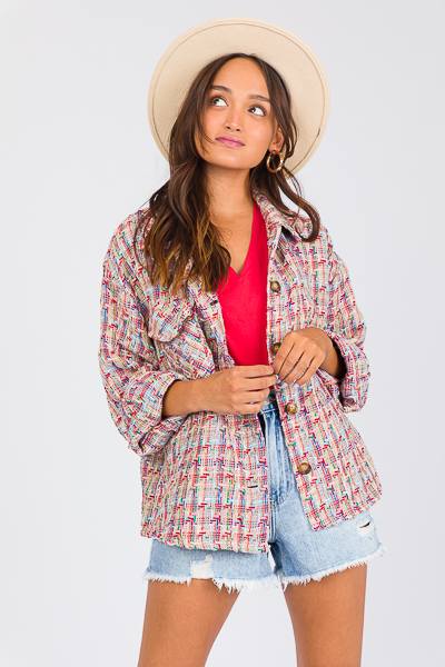 Buttoned Tweed Jacket, Red Mult