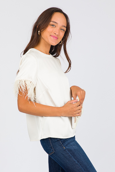 Feather Sleeve Satin Top, Champ
