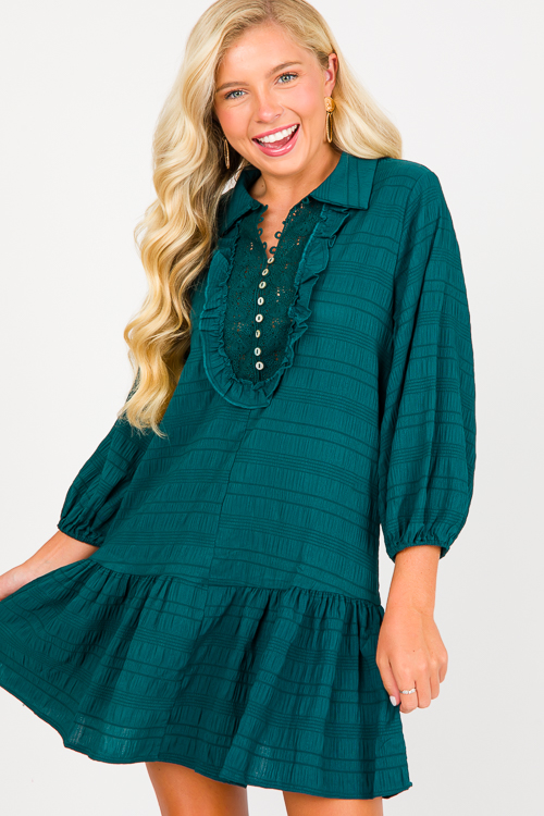 Lace Yoke Tonal Dress, Sea Green