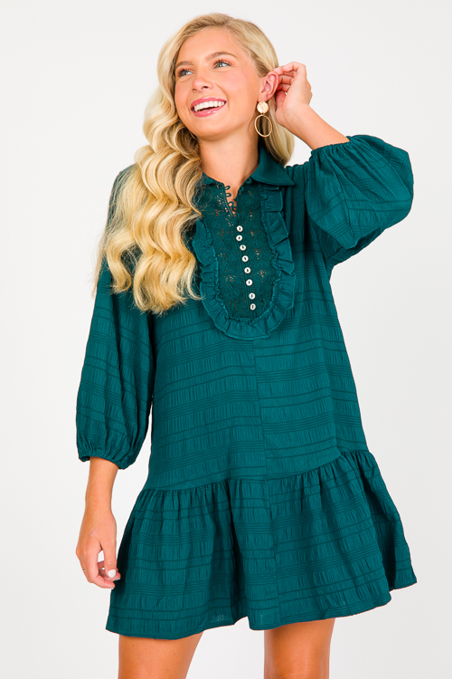 Lace Yoke Tonal Dress, Sea Green