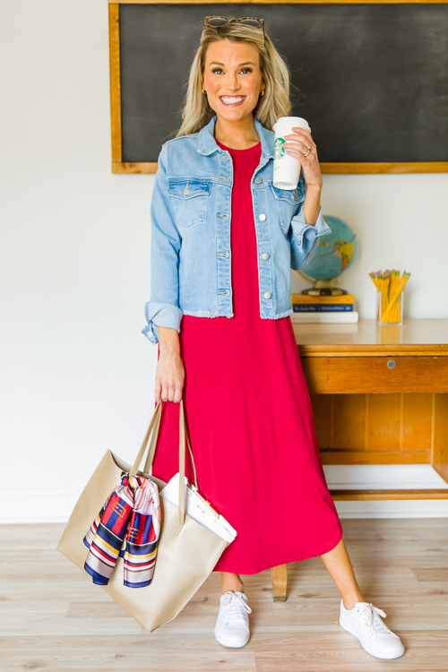 Red Maxi Dress With Red Dress Jean Jacket Red Dress Jean Jacket Shop