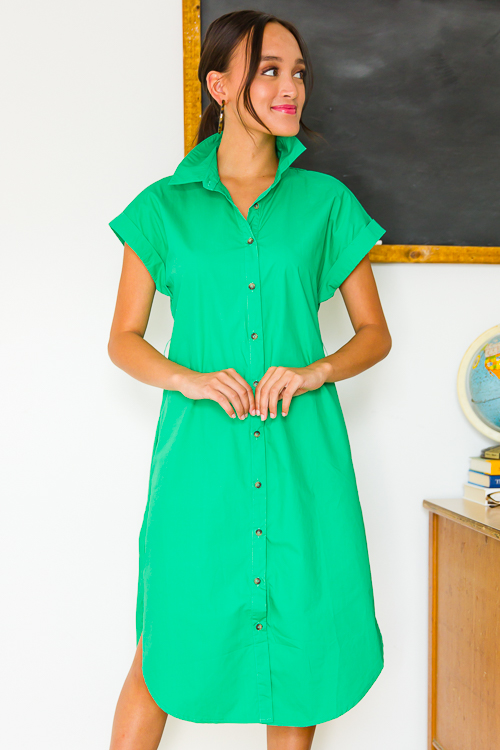 Poplin Belted Shirt Dress, Green