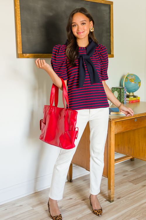 Puff Sleeve Stripe Top, Red/Navy