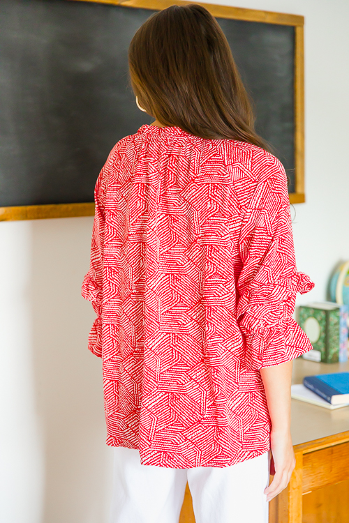 Abstract Ruffle Sleeve Top, Red